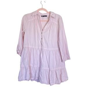 ZARA Short Tiered Shirt Dress Light Pink Long Sleeve Size Small Summer Collared